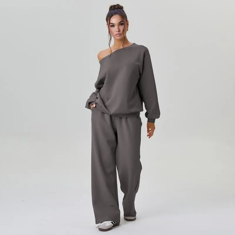 Women's Leisure Solid Color Sloping Shoulder Long Sleeve Top & Wide Leg Trousers Co-ord