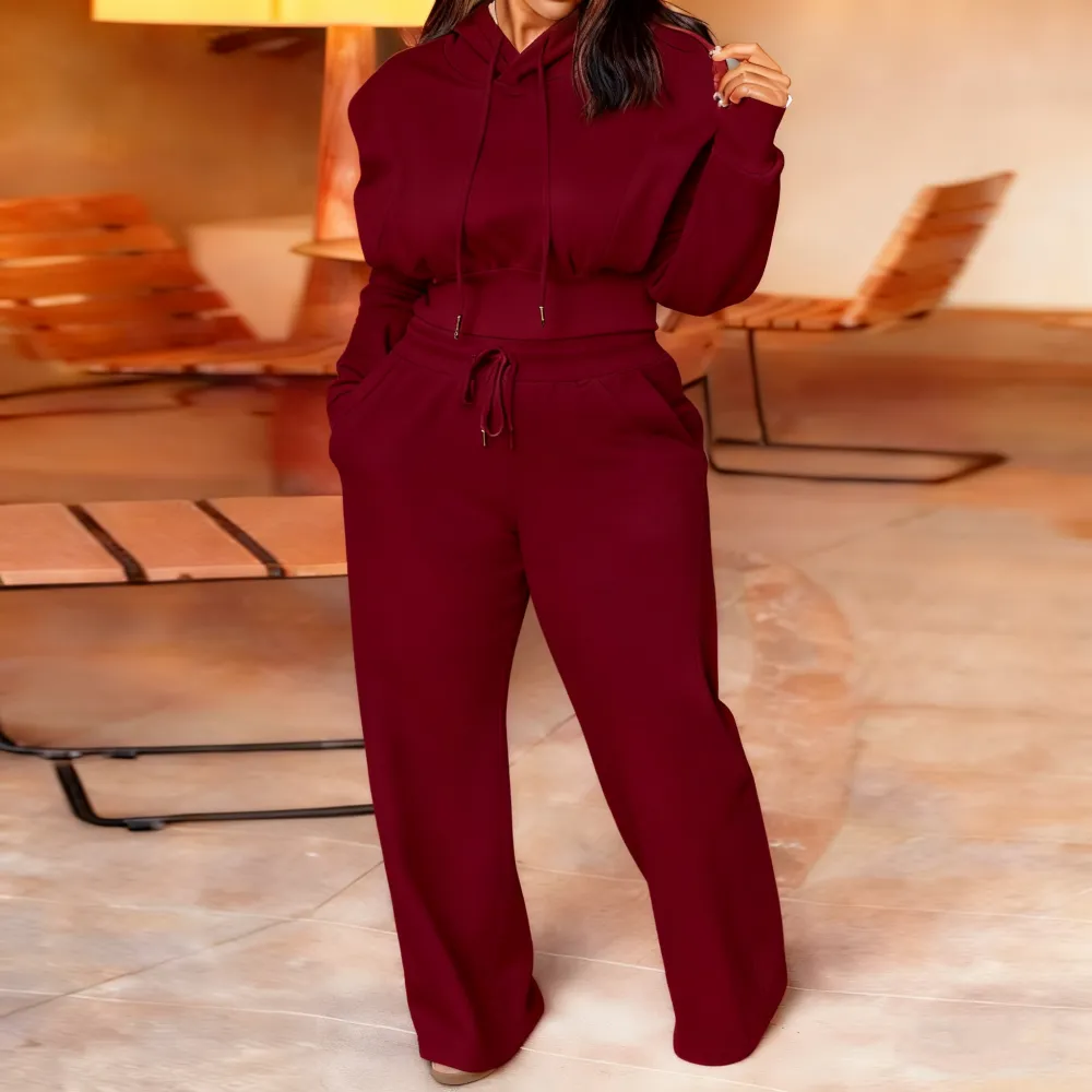 Hooded Long Sleeve Sweatshirt and Casual Wide Leg Sweatpants Set
