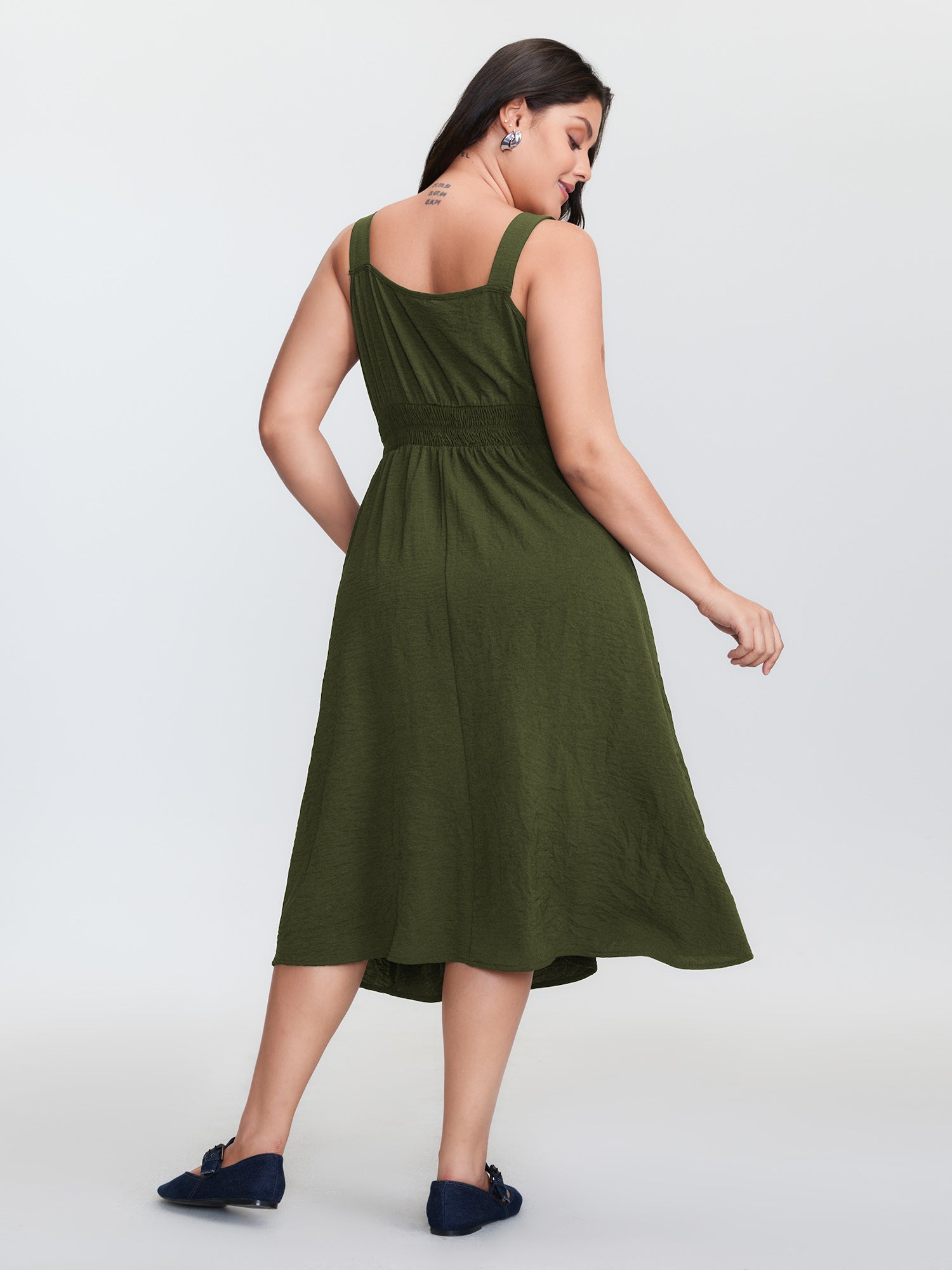 Wide Straps Belted Buckle Detail Midi Dress