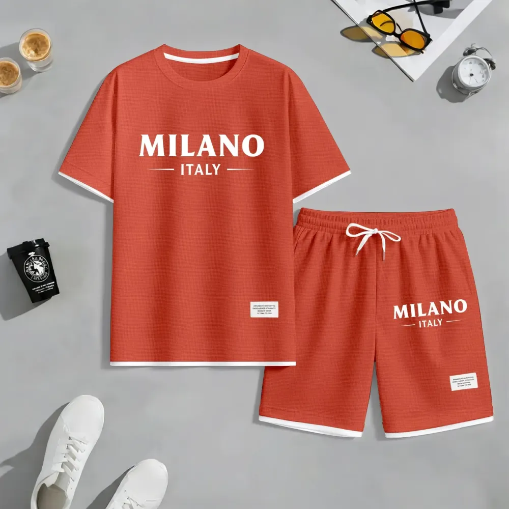 Men's Polo Print Drawstring Shorts Set For Spring/Summer. A Casual Summer Outfit, Including A Short-Sleeved Shirt And Shorts