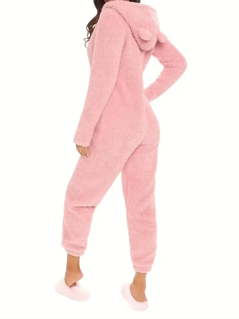 Women's Solid Zipper Hooded Plush Pajama Jumpsuit