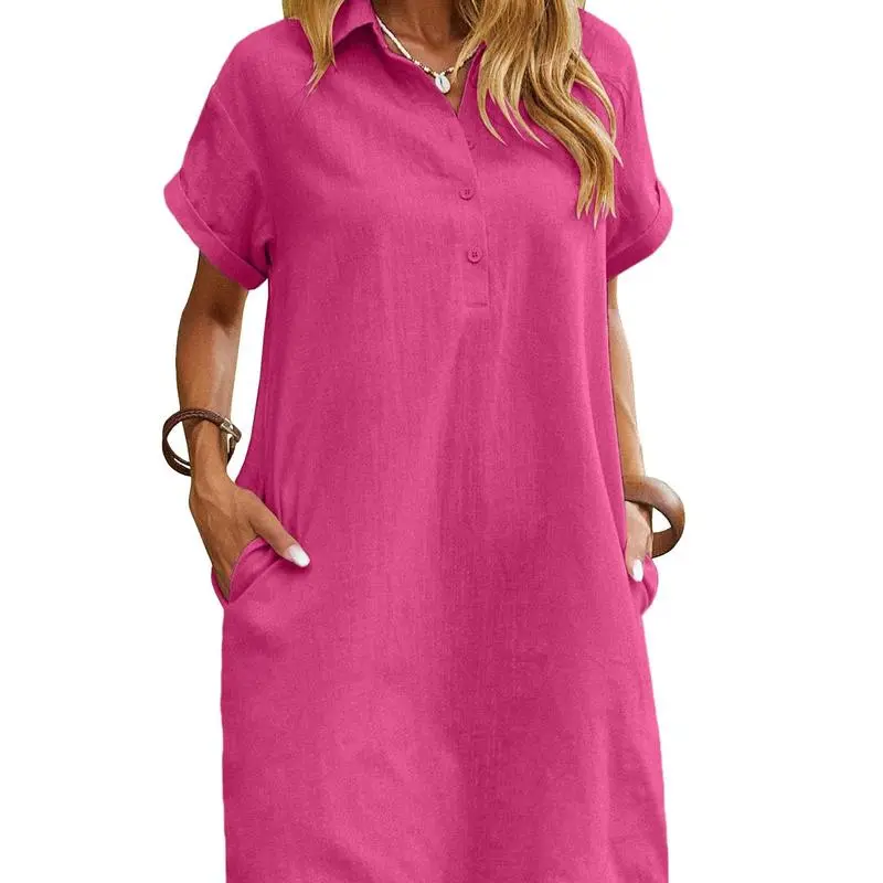 Womens Cotton Shirt Dress Summer Casual Short Sleeve Button Down Beach Cover Up Shirts with Pockets