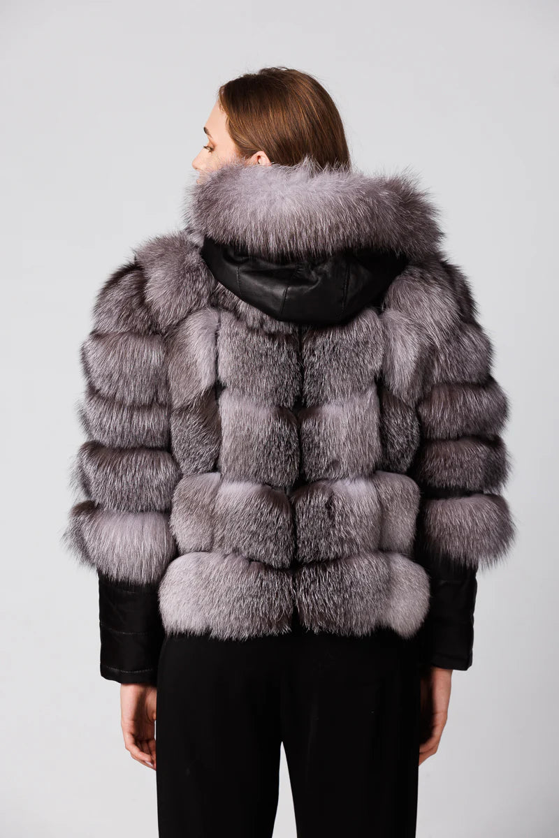 Haină din Blană Naturală de Vulpe, cu Glugă, Femei, Silver Blue 254
