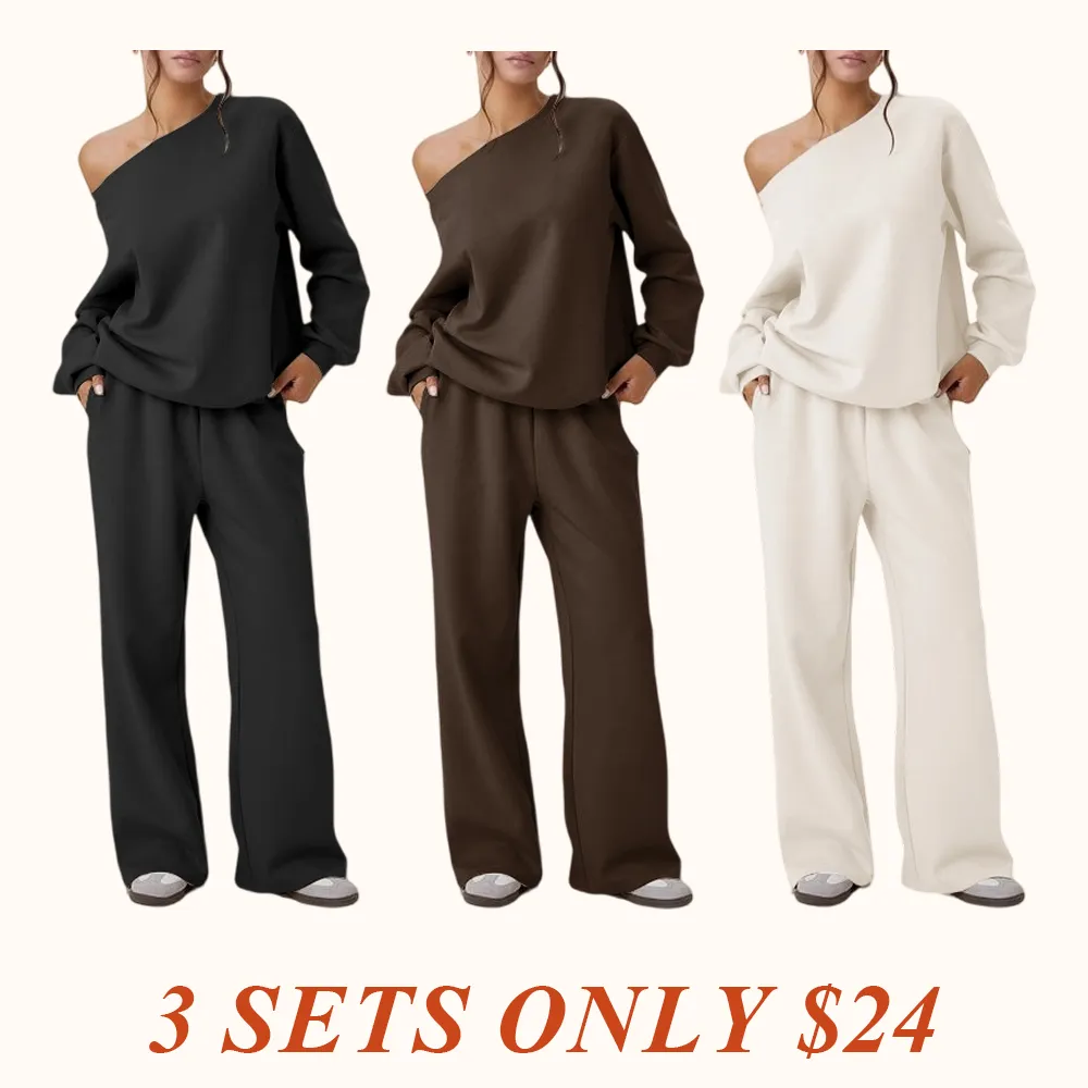 Women's Leisure Solid Color Sloping Shoulder Long Sleeve Top & Wide Leg Trousers Co-ord