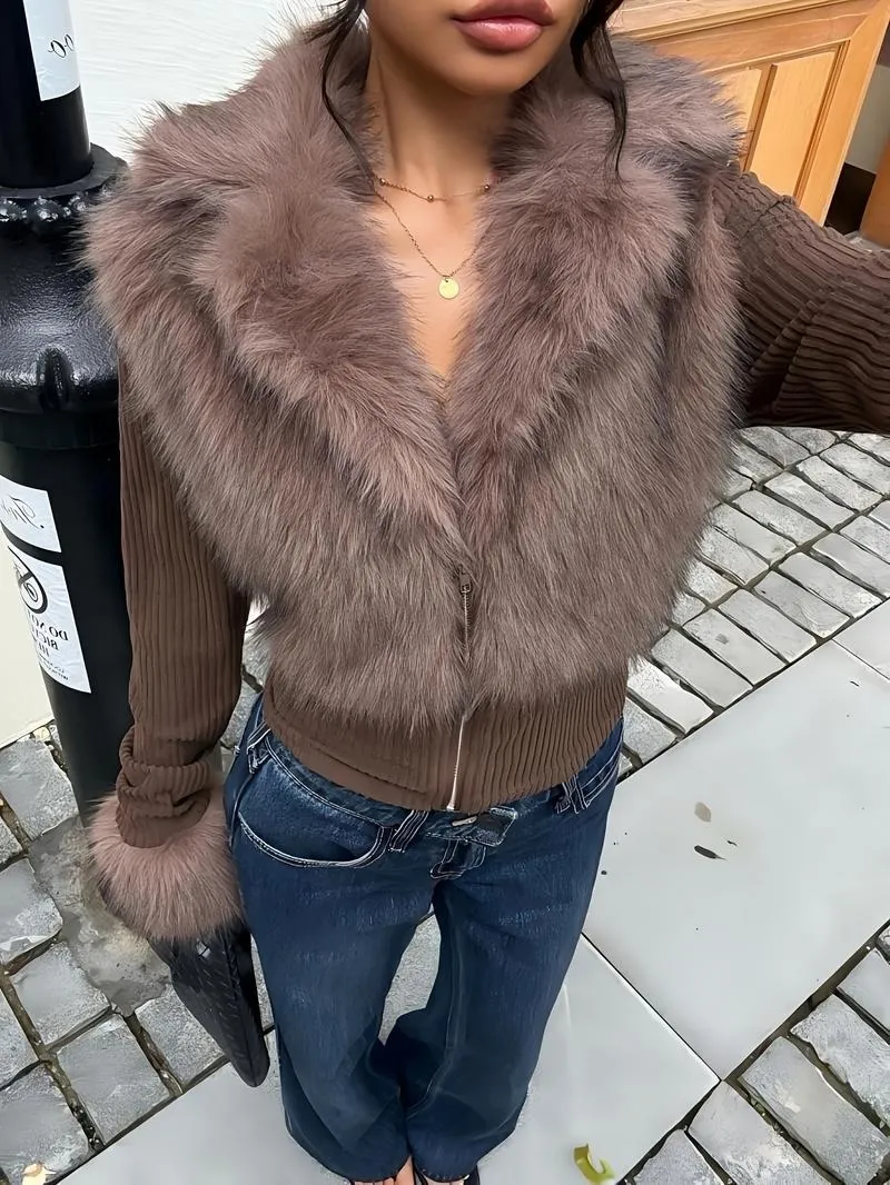 Women's Fashion Street Style Patchwork Knit Faux Fur Jacket