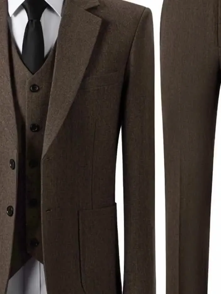 Men's Retro 3-Piece Tweed Herringbone Suit Set Two-Buttons Blazer Vest Pants Autumn New Arrival Formal Business Attire