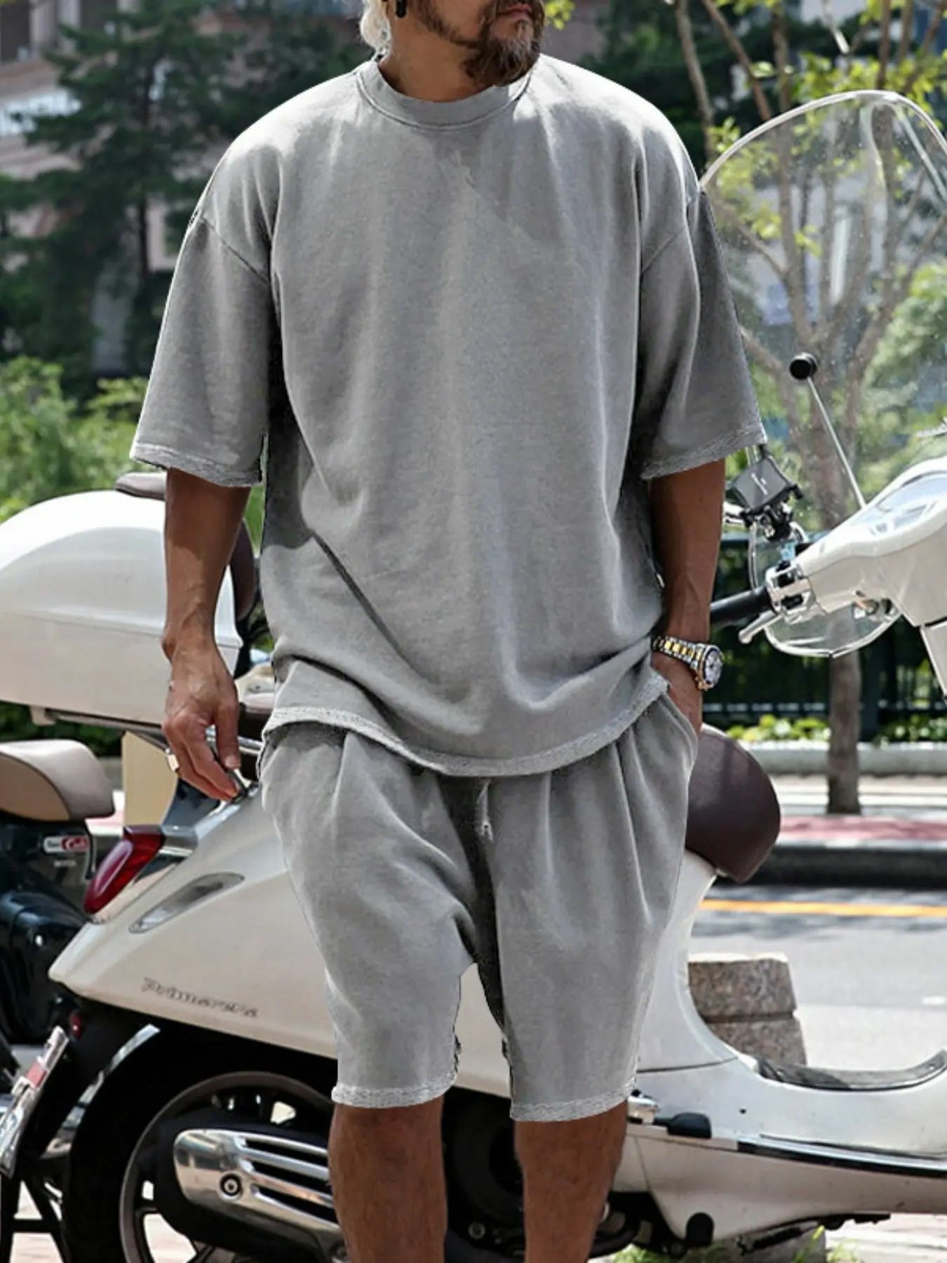 Men's Summer Casual Set, Pure Color Round Neck Short Sleeve Knit Tee & Shorts