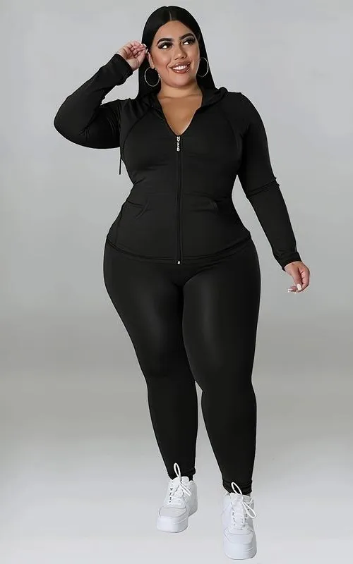 Plus Size Solid Zip Up Hooded Top & Skinny Pants Set