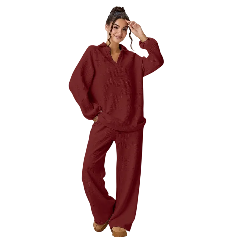 Women's loose-fitting V-neck textured pullover and drawstring waist pants set
