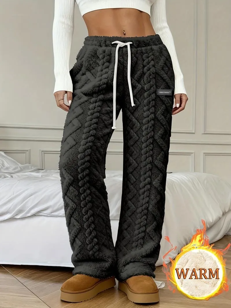 Women's Winter Lined Casual Pants - Jacquard Fabric & Drawstring Waist