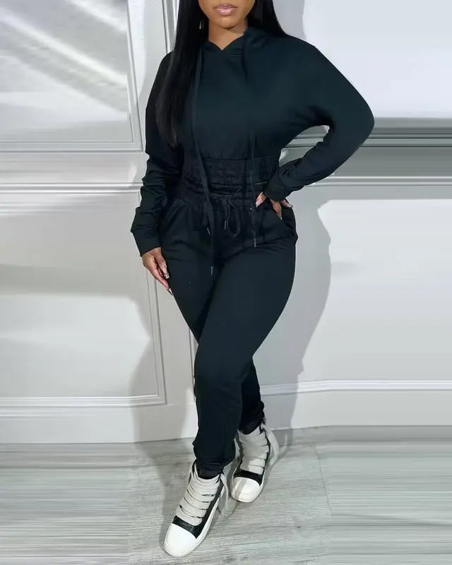 Womens 2 Piece Outfits Lounge Hoodie Shirred Waist Pocket Design Sweatshirt Cuffed Jogger Sweatpants Tracksuit