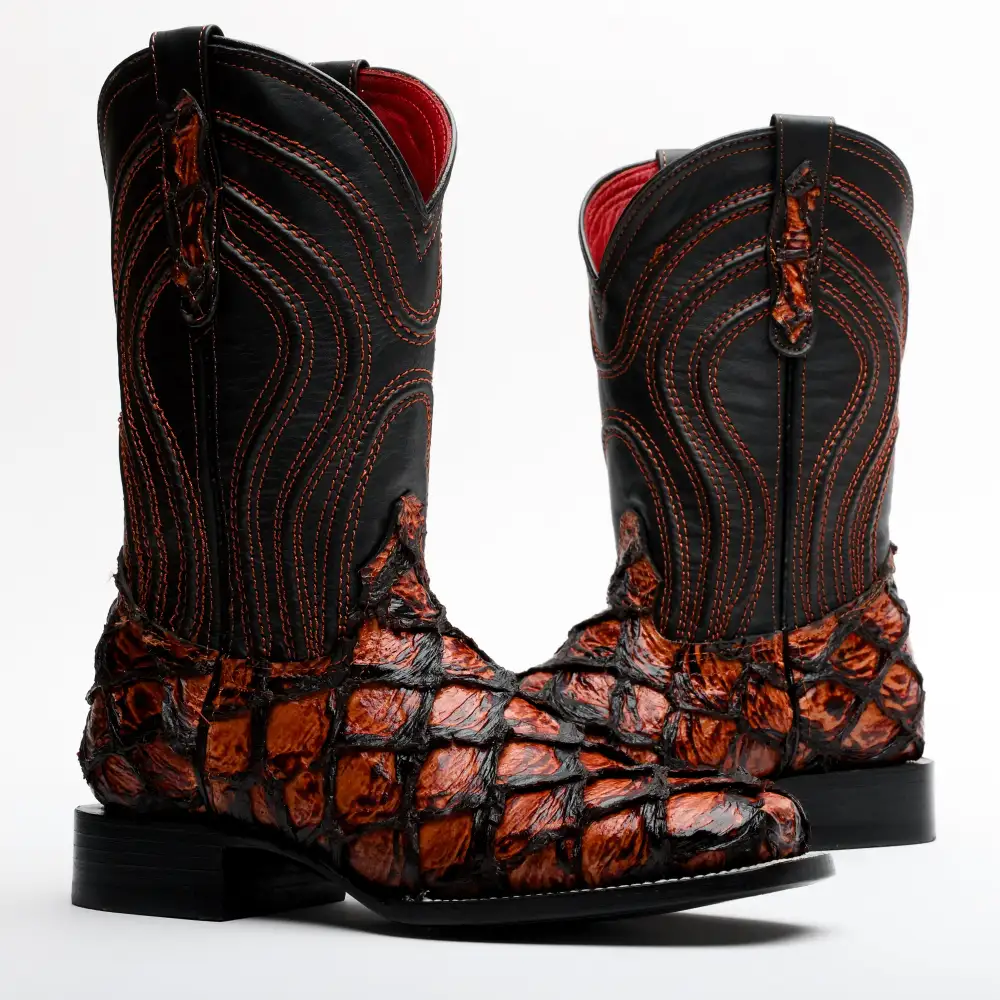 Cognac Jumbo Pirarucu Leather Boots - Square Toe