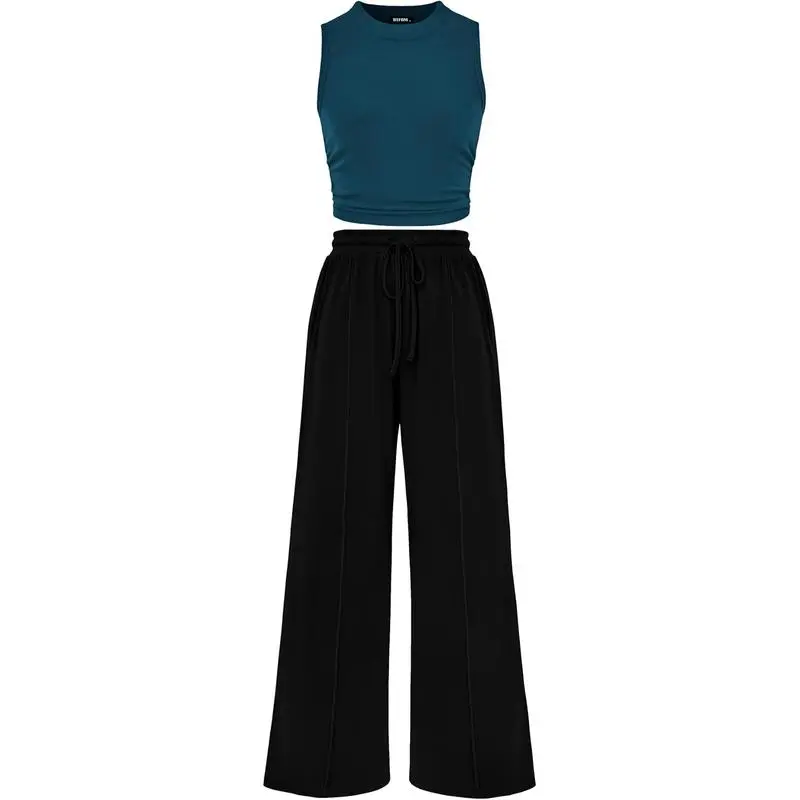 Women's Summer 2-Piece Outfits - Ribbed Knit Crew Neck Sleeveless Cropped Top & Wide Leg Pants Lounge Set