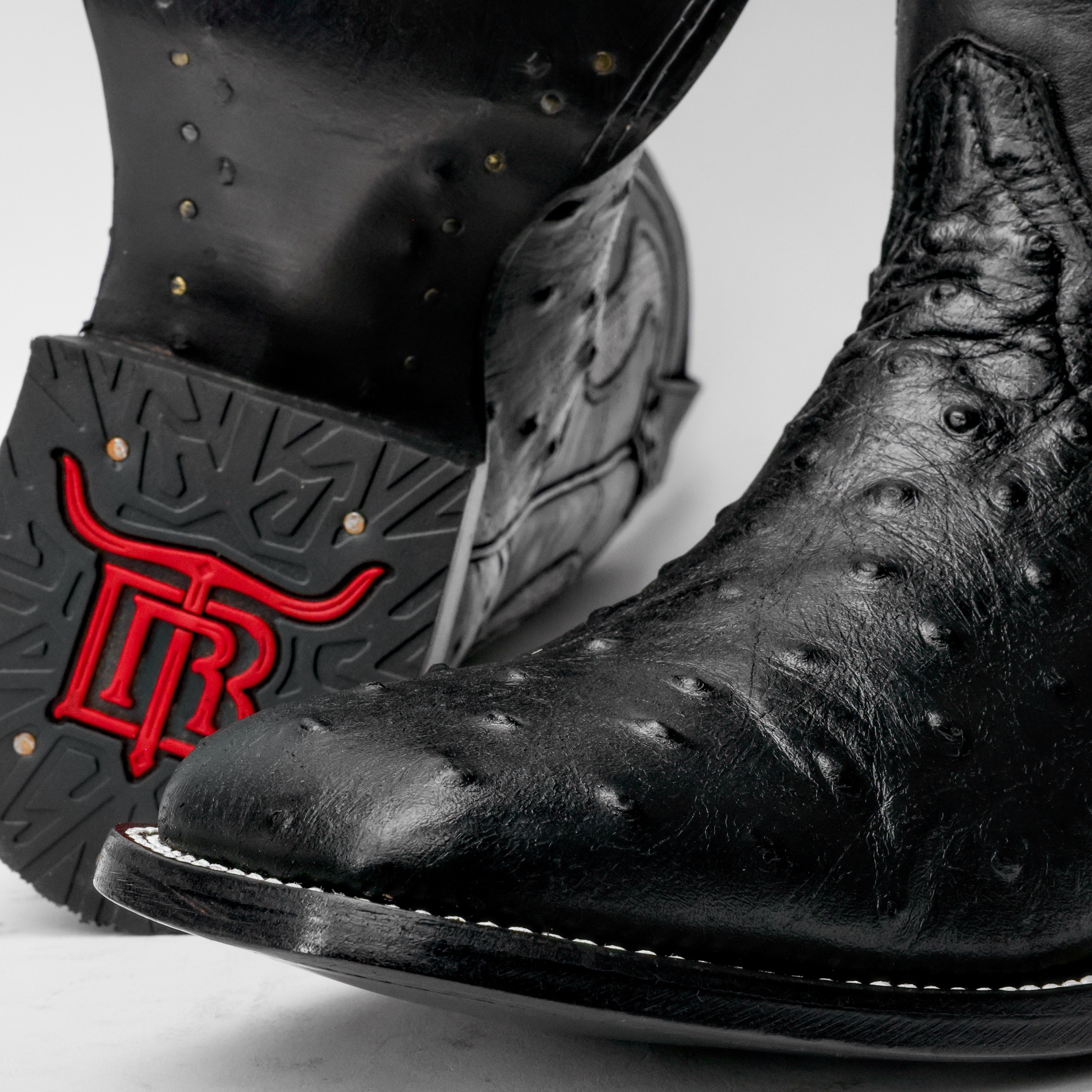 Black Ostrich Leather Boots - Square Toe