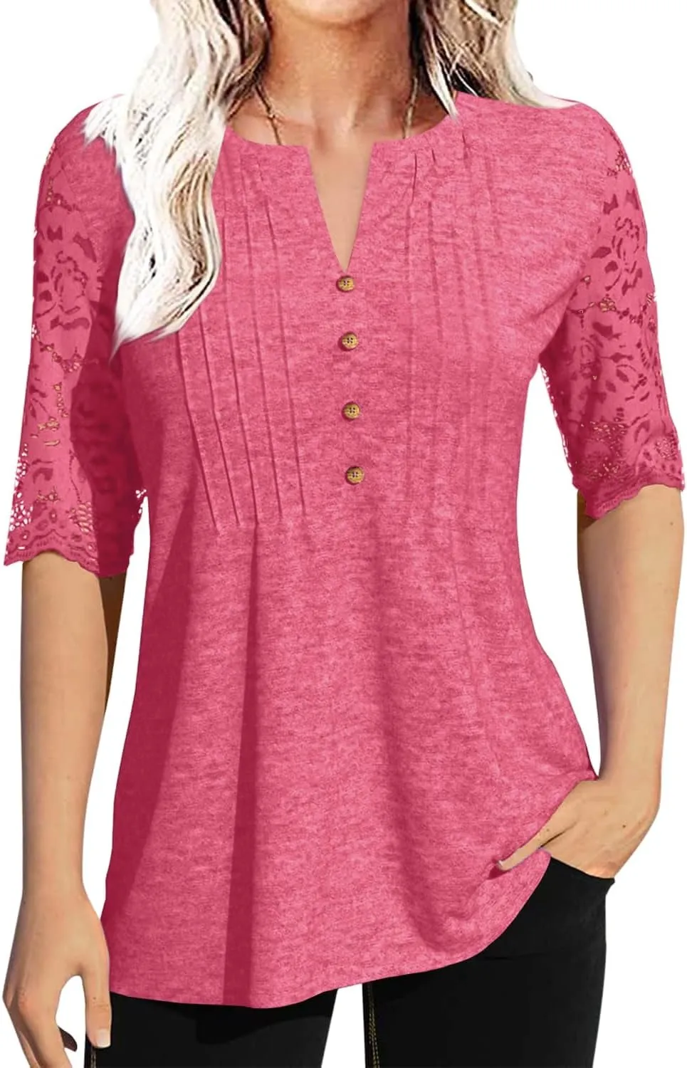 Women's Lace Sleeve Summer T-Shirt V-Neck Botton Up Basic Solid Color Casual Tunic Tops
