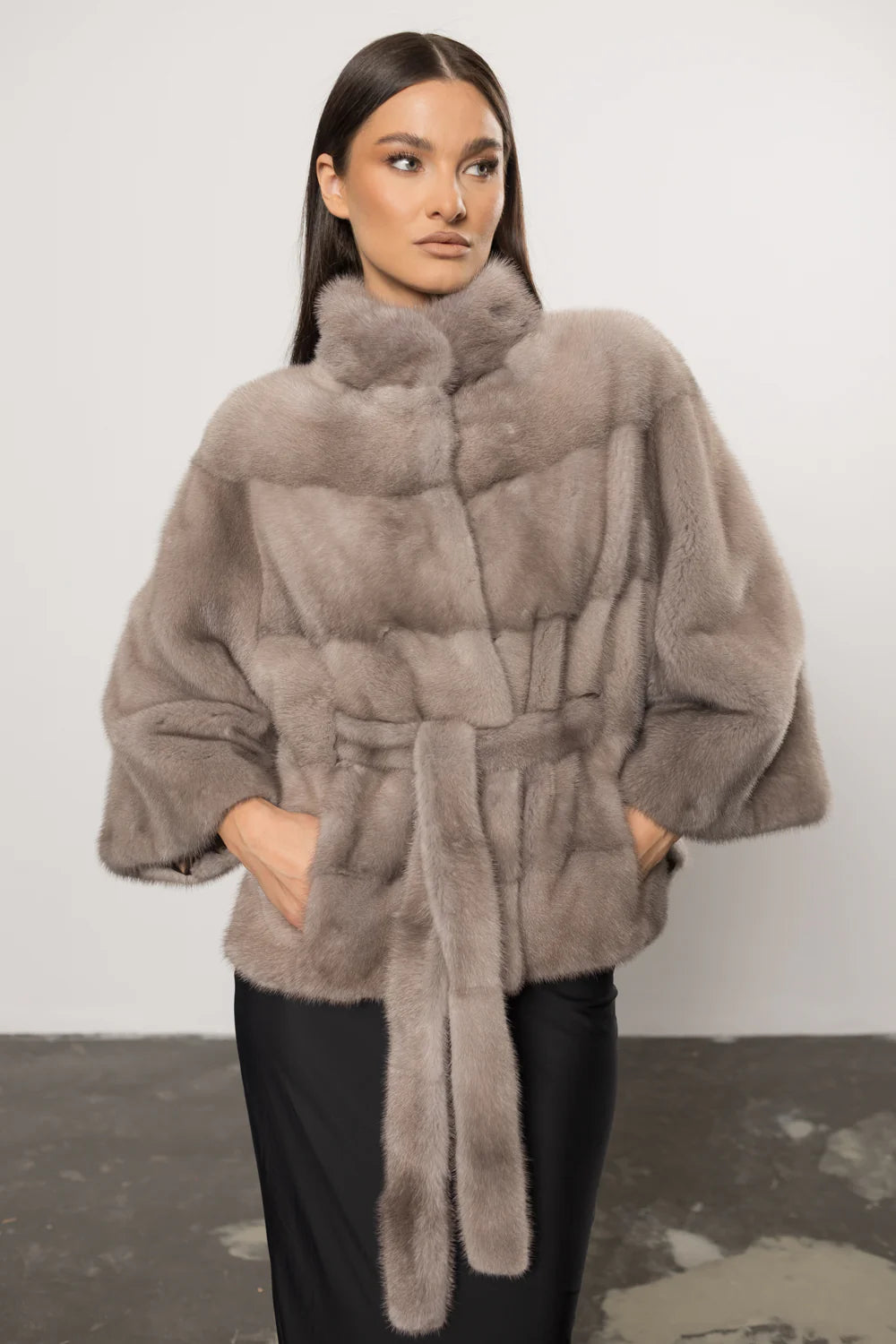 Haină din Blană Naturală de Vizon, cu Cordon, Femei, Silver Blue 406