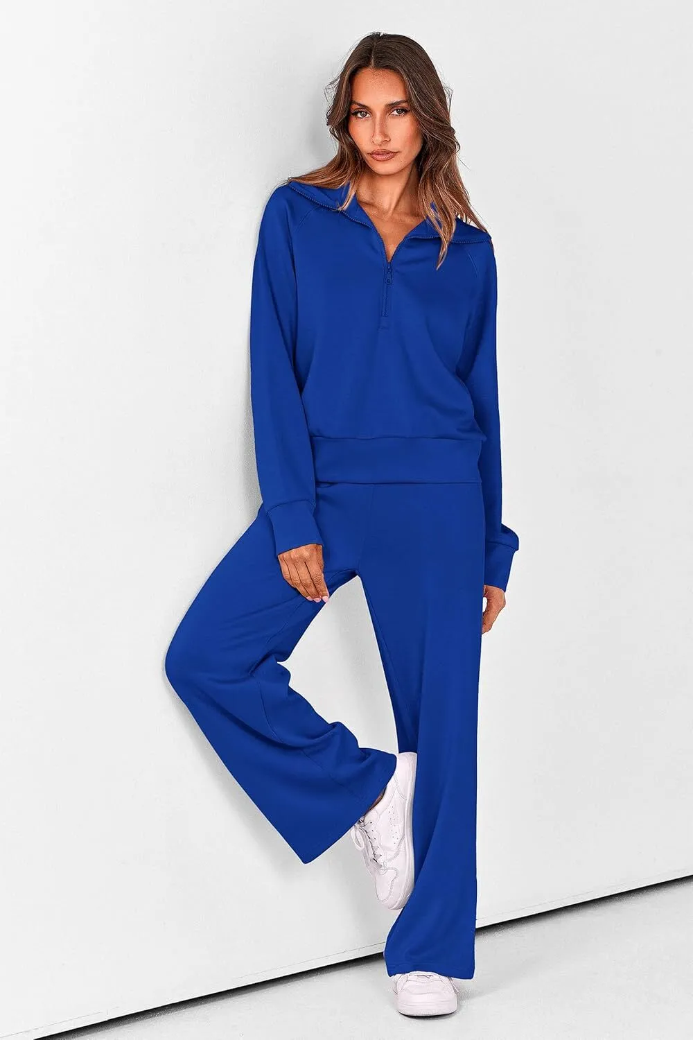 🔥Final Day Clearance!🛒Women's 2 Piece Outfits Casual Lapel Half Zip Sweatshirts And Wide Leg Pants Tracksuit Sets🔥8-PACK ONLY $28🔥