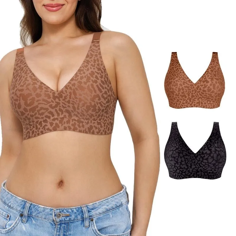 Wireless No Underwire Leopard Print Jelly Bra Everyday Comfort Push Up Seamless T-Shirt Bra