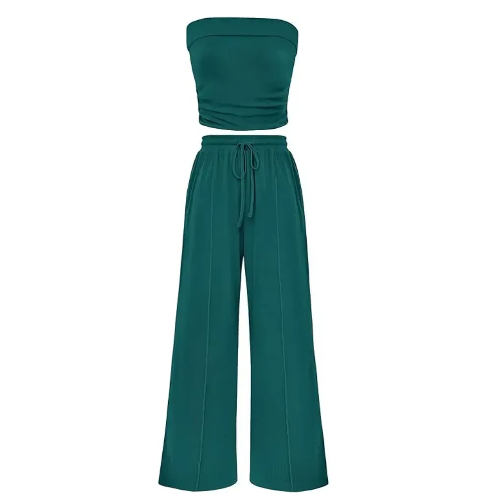 Womens Summer Outfits 2 Piece Sets Casual Ribbed Knit Crop Tube Top Wide Leg Pants