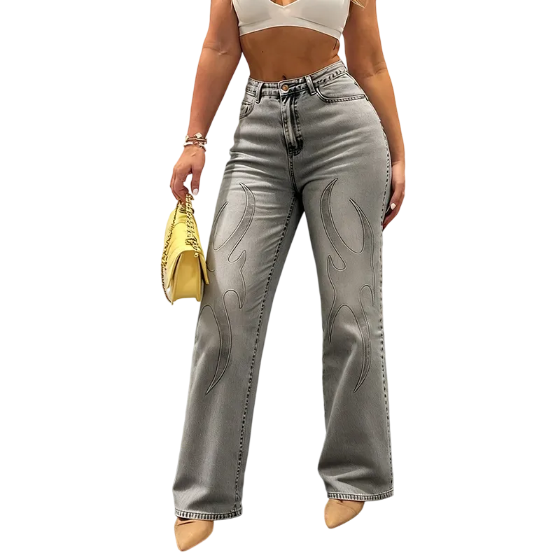 Y2K streetwear inspiration, women's embossed flame pattern jeans