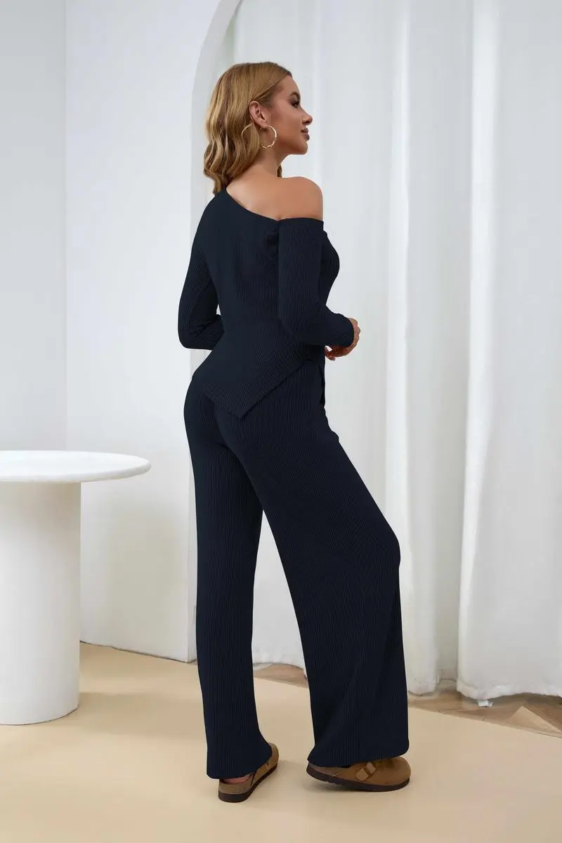 Chic Sherpa Set for Women Asymmetric Shoulder Top & High Waist Wide Leg Pants
