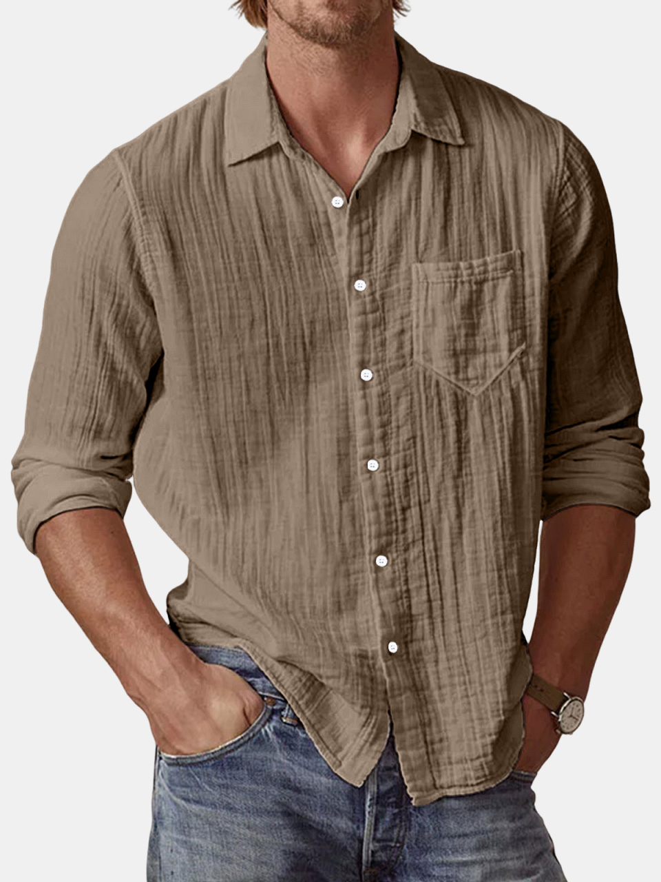 Men's Casual Textured Solid Color Comfortable Puff Wrinkle Long Sleeve Shirt