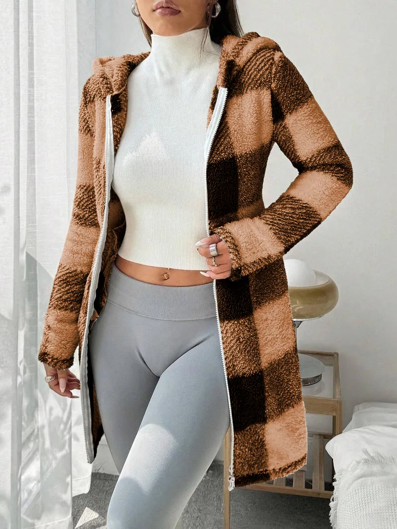 Women's Plaid Fleece Long Sleeve Hooded Coat