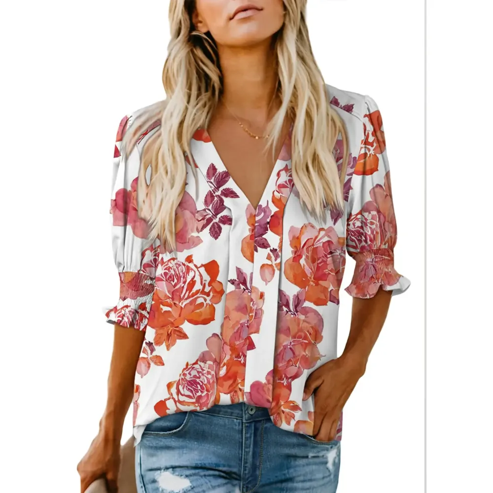 Womens Graphic Solid V Neck T Shirts Tops Casual Ruffle Short Sleeve Blouses Boho Floral