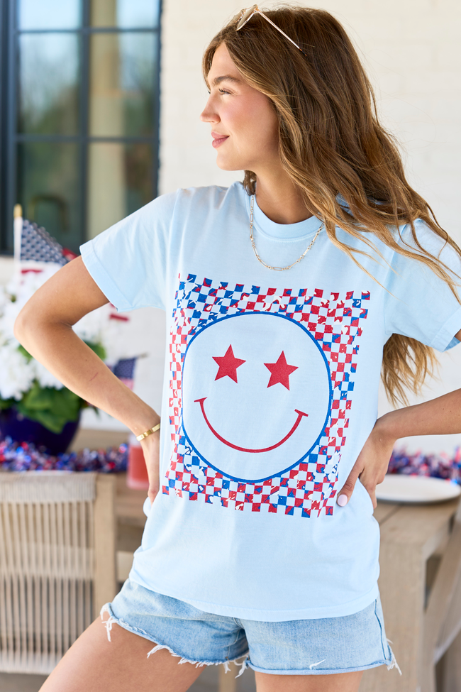 Multi Patriotic Smiley Checkered Light Blue Graphic Tee