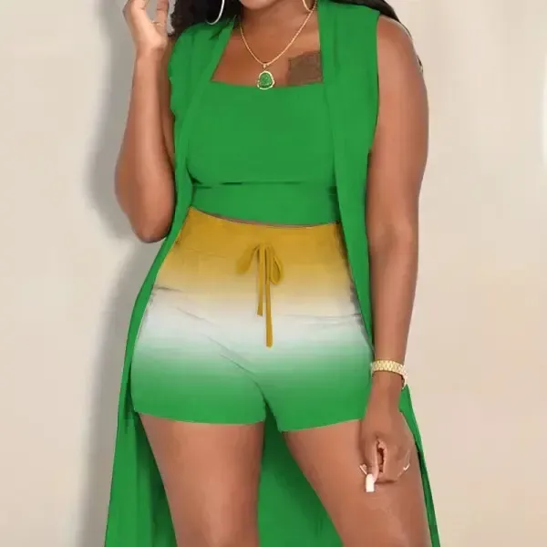Women's Ombre 3-Piece Outfit Set | Cropped Vest, Shorts & Kimono Cover-Up, Summer Beach & Lounge Wear