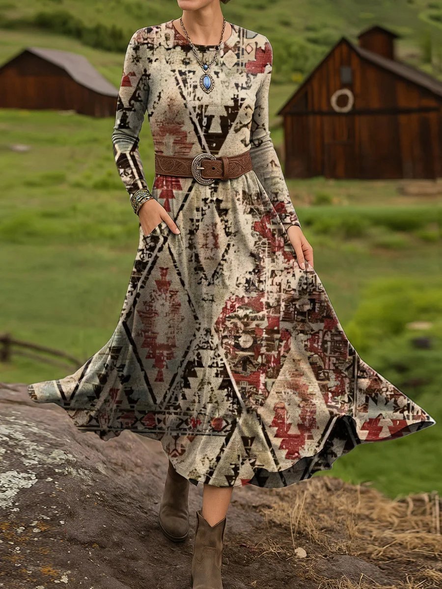 Women's Vintage Aztec Textured Art Print Long Sleeve Dress
