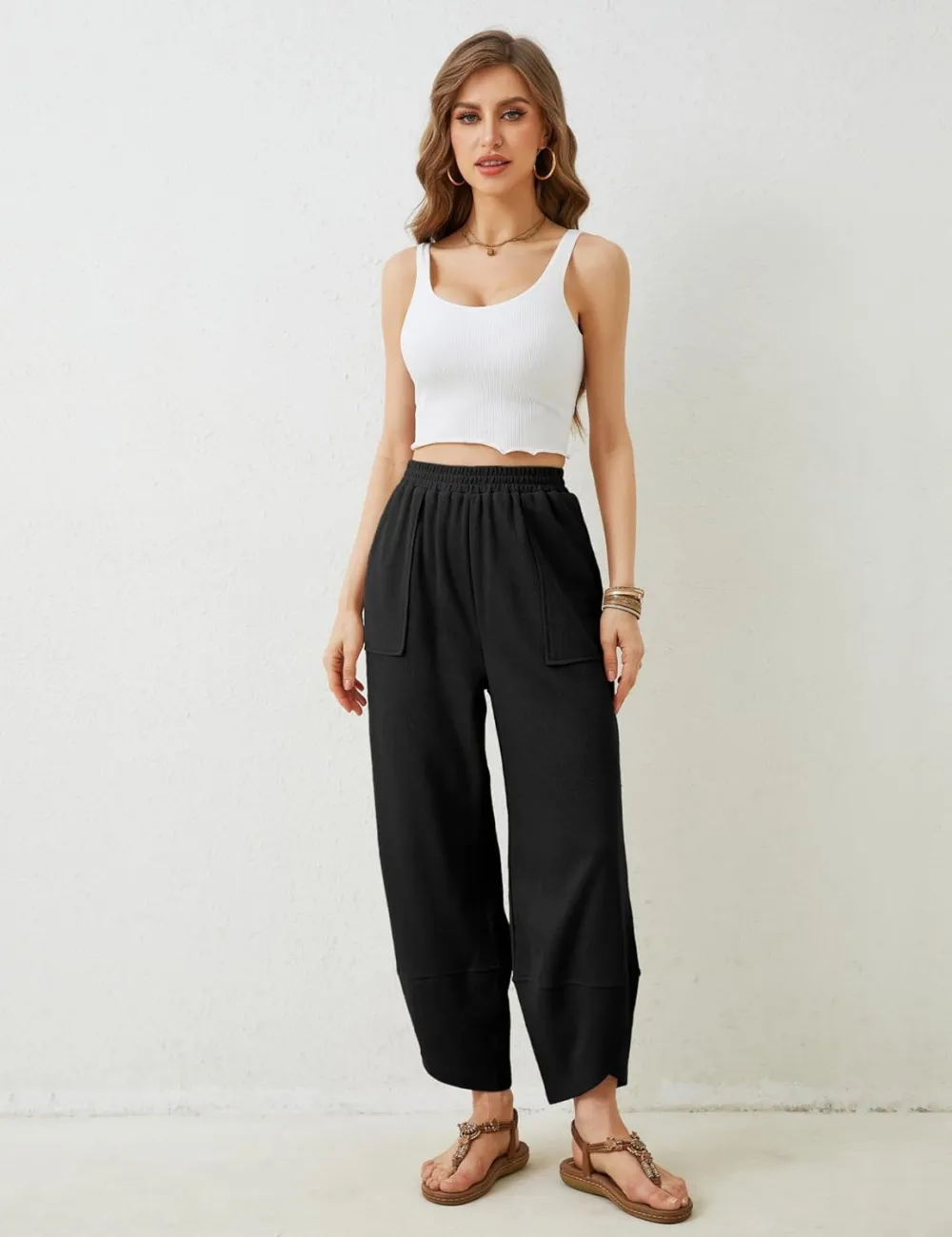 Women's Wide Leg Harem Pants Casual Palazzo Pants with Pockets High Waist Relaxed Fit