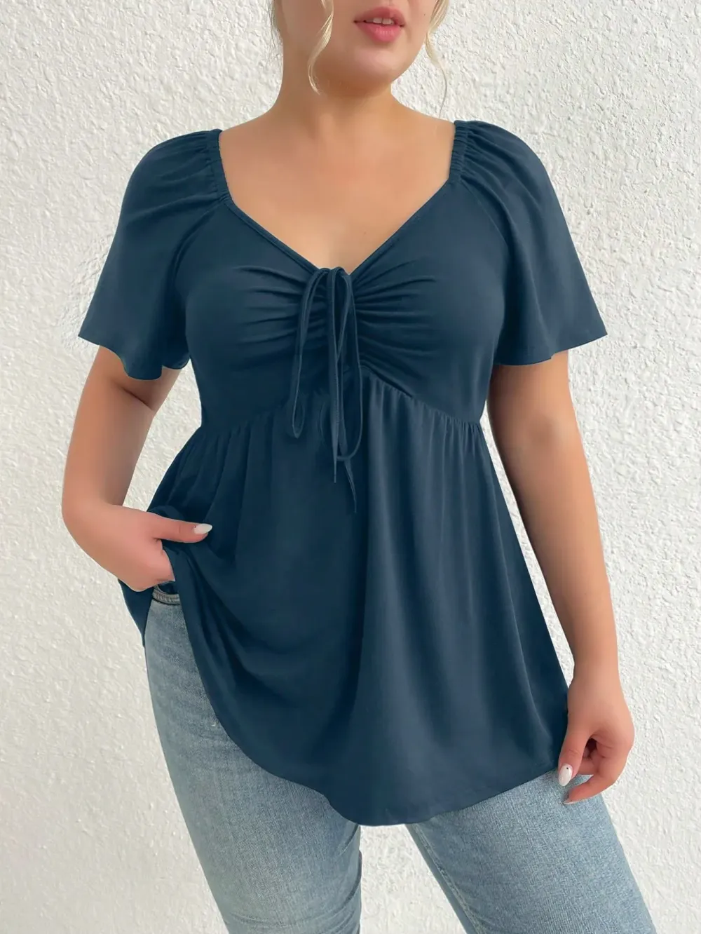 Plus Size Solid Color Rhinestone Collar Tie Front Short Sleeve Simple Casual T-Shirt