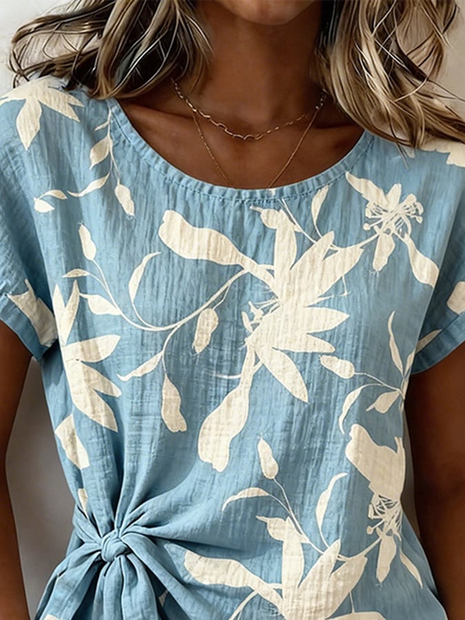 Women's Casual Round-Neck Printed Cotton-Linen Top