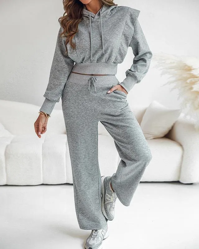 Hooded Long Sleeve Sweatshirt and Casual Wide Leg Sweatpants Set