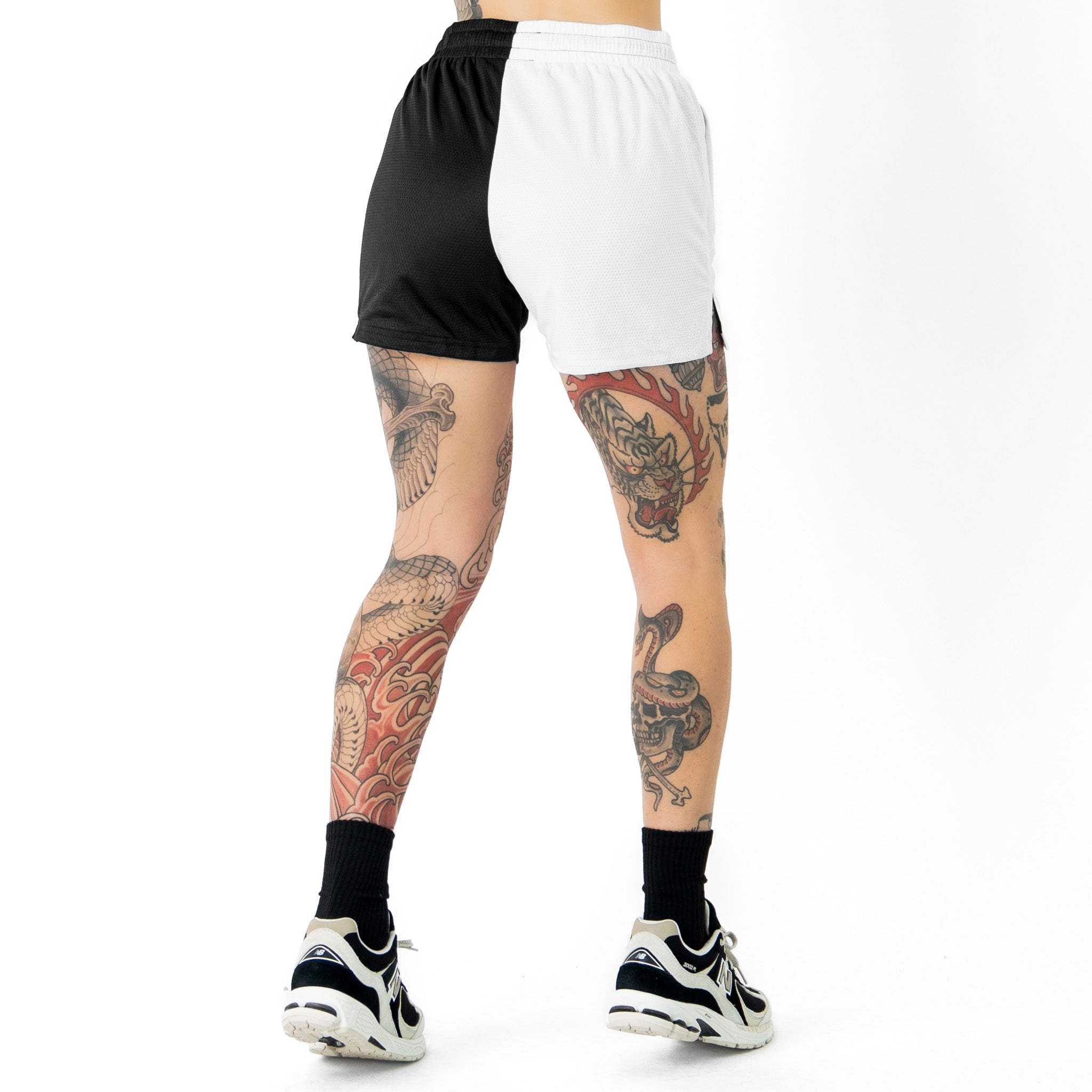 MUAY THAI SHORTS (MID THIGH CUT) 2 TONE - BLACK / WHITE
