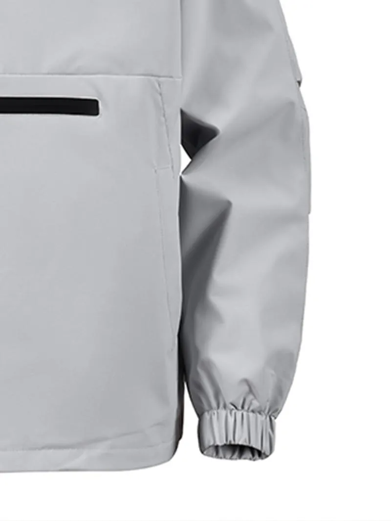 One black half-zip pullover with hoodie, outdoor camping style, large pockets, made of stain-resistant fabric