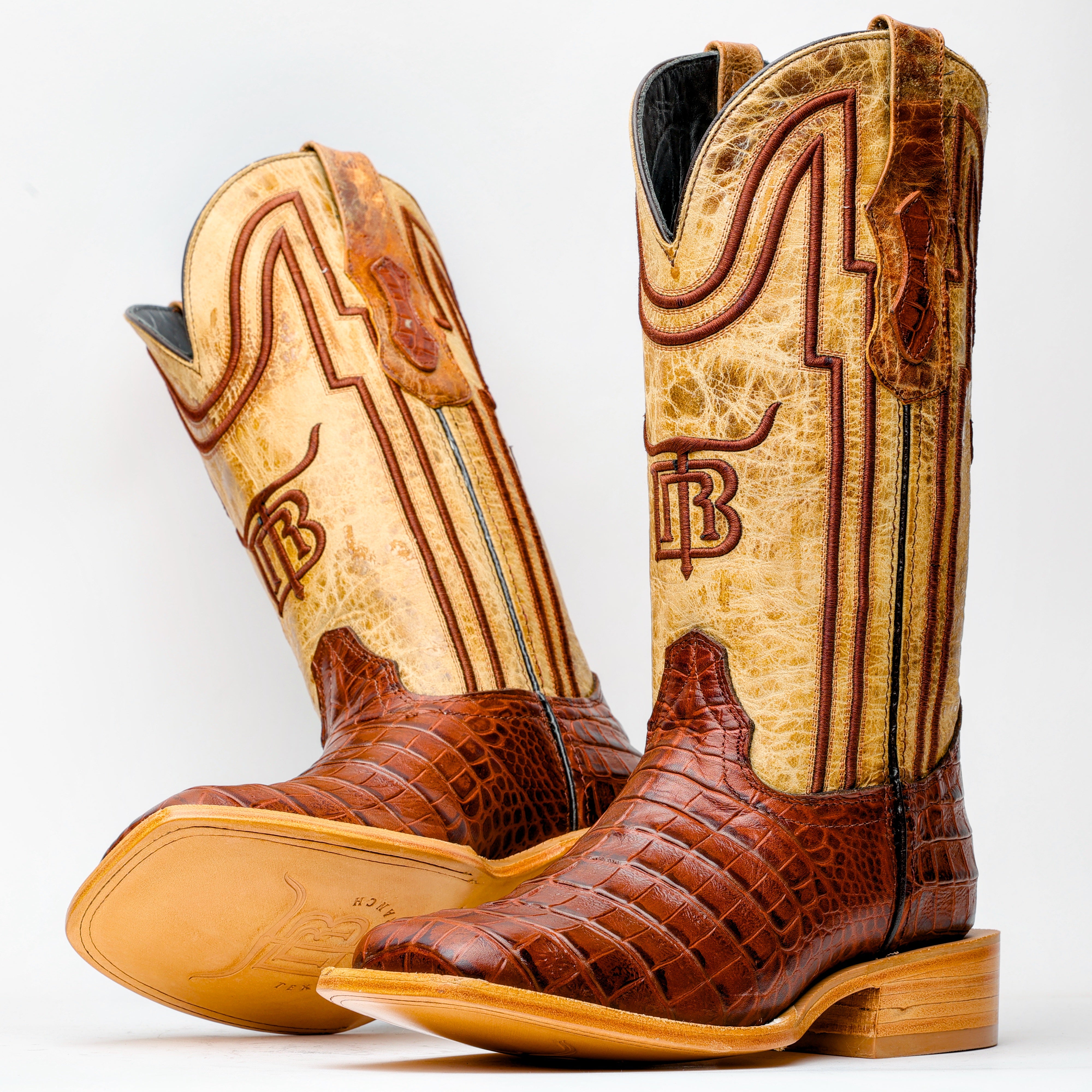 Cognac American Gator Belly Leather Boots - Square Toe
