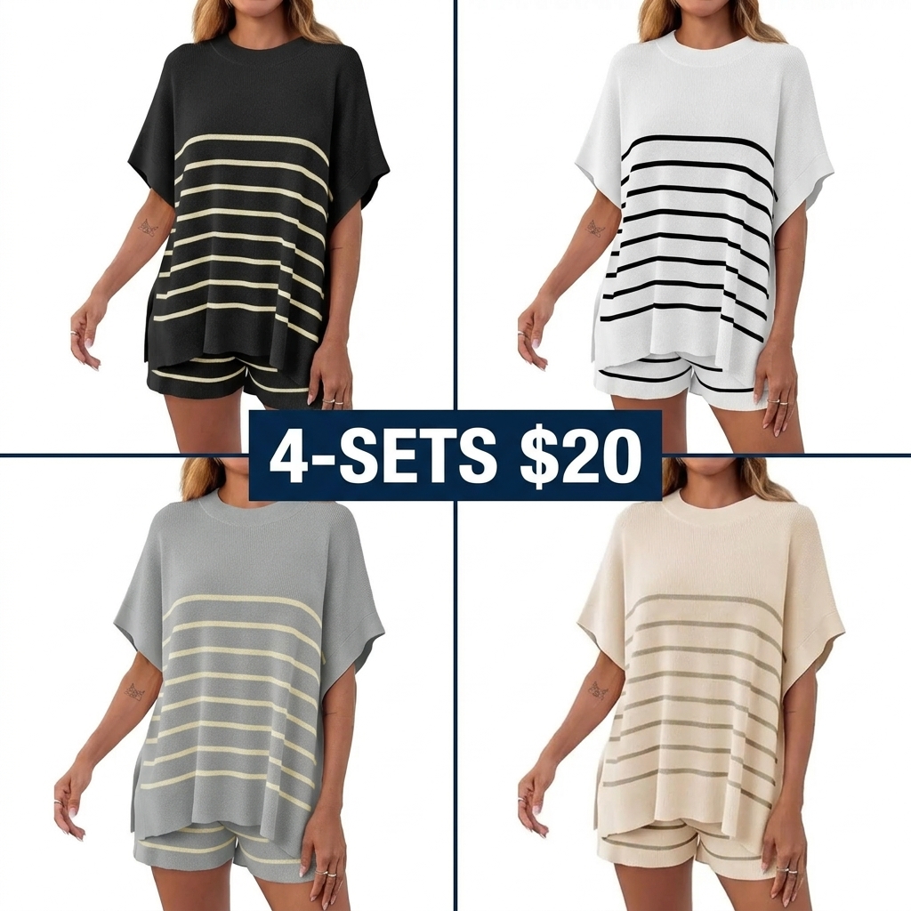 Women's Striped 2 Piece Outfits Oversized Batwing Short Sleeve Tops High Waisted Shorts Summer Knit Lounge Short Sets