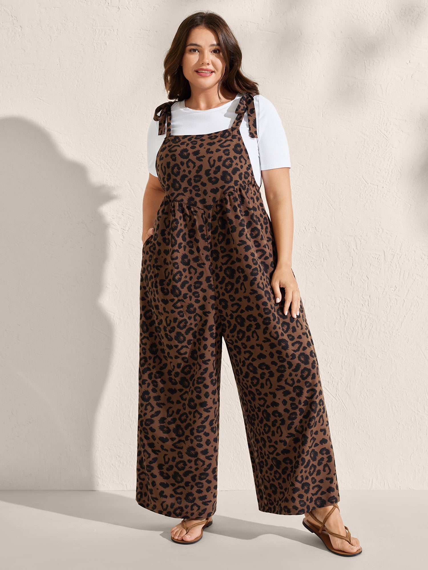 Leopard Print Pockets Shoulder Ties Jumpsuit