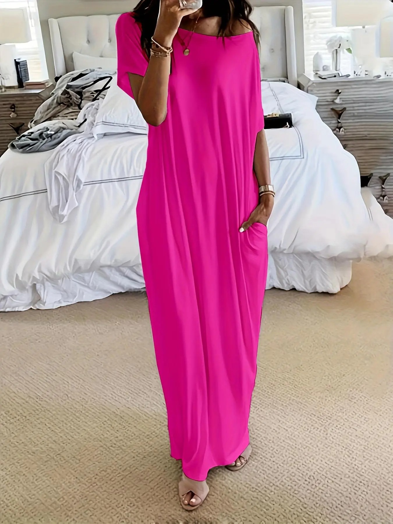 Women’s Relaxed Batwing Maxi Lounge Dress with Pockets