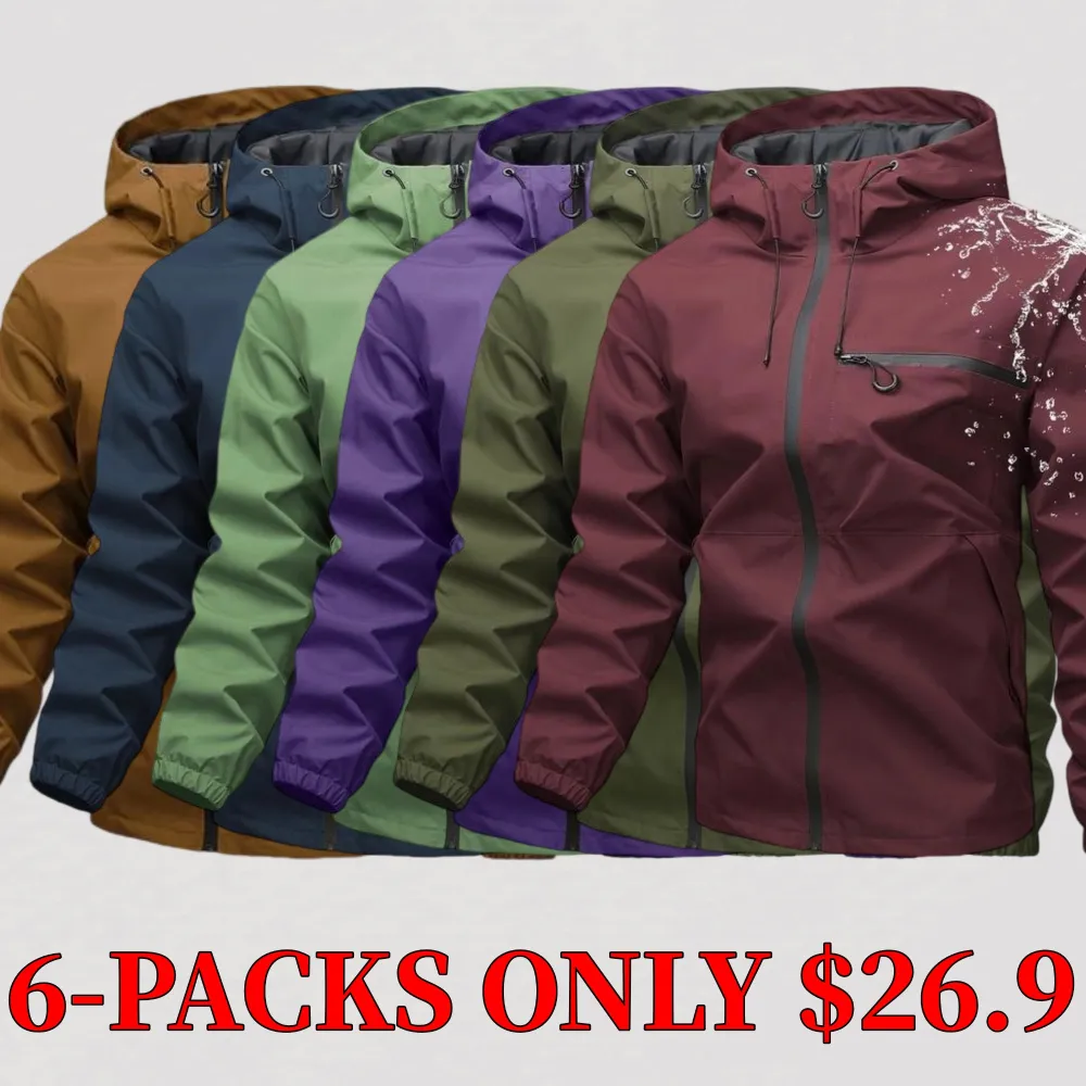 Men's solid color waterproof and windproof drawstring hooded jacket