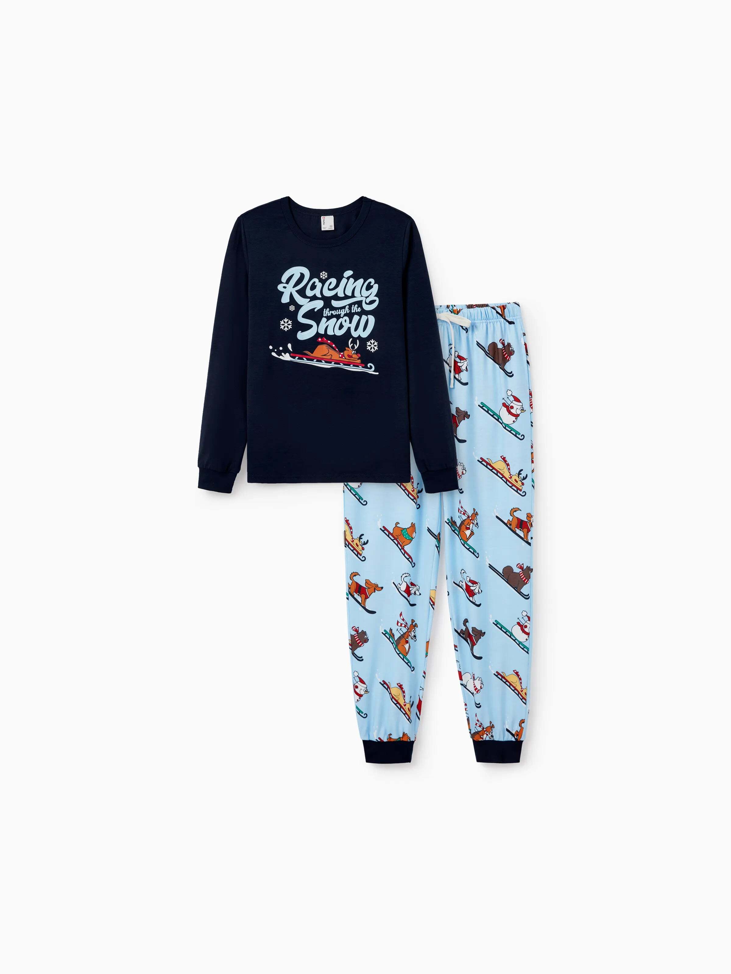 Christmas Matching Family Pajamas Set Sled Dogs Print PJS with Christmas Socks Blue