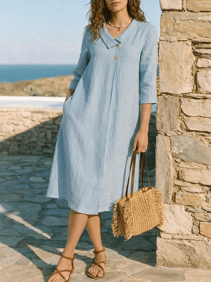 Women's Solid Color V-neck 3/4 Sleeve Casual Loose Cotton Linen Dress- Fast Shipping