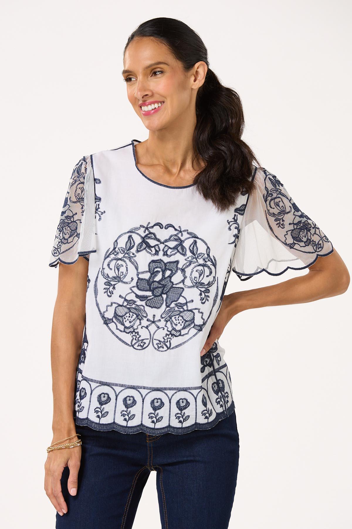Floral Navy Embroidered Top
