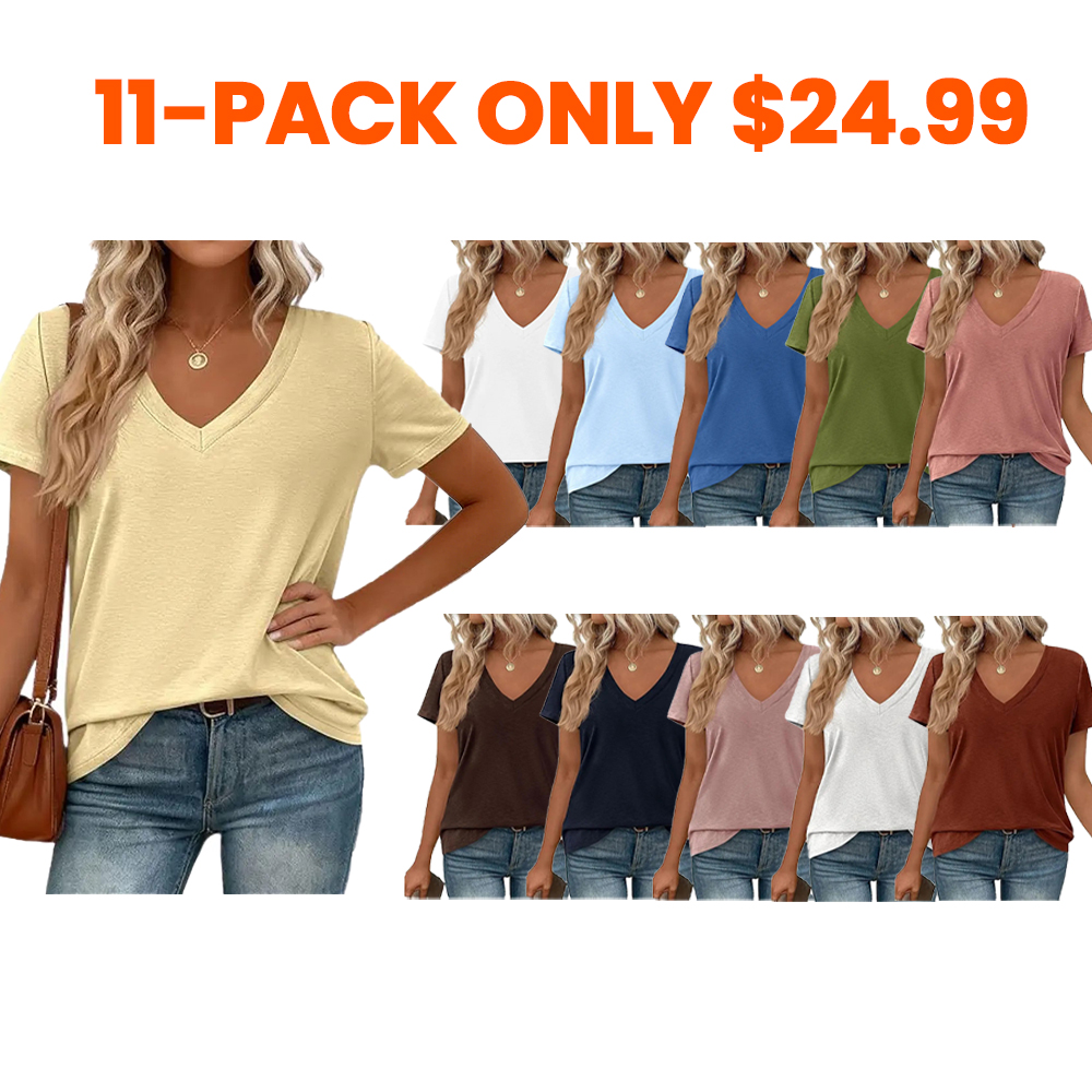 🔥11-Pack $24.99-Women’s Summer Casual V Neck Sleeve Loose Basic Tees