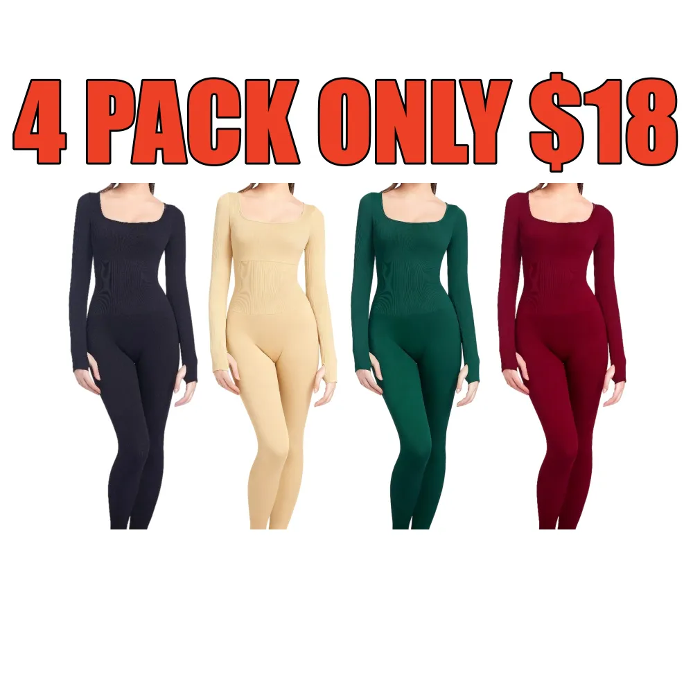 Women Tummy Control Square Neck Ribbed Jumpsuit