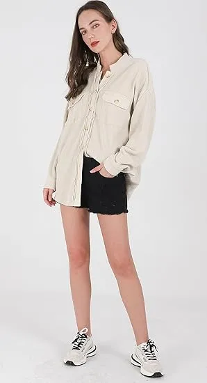 Women's Loose Fit Batwing Sleeve Waffle Knit Button Down Shirt Shacket Tops