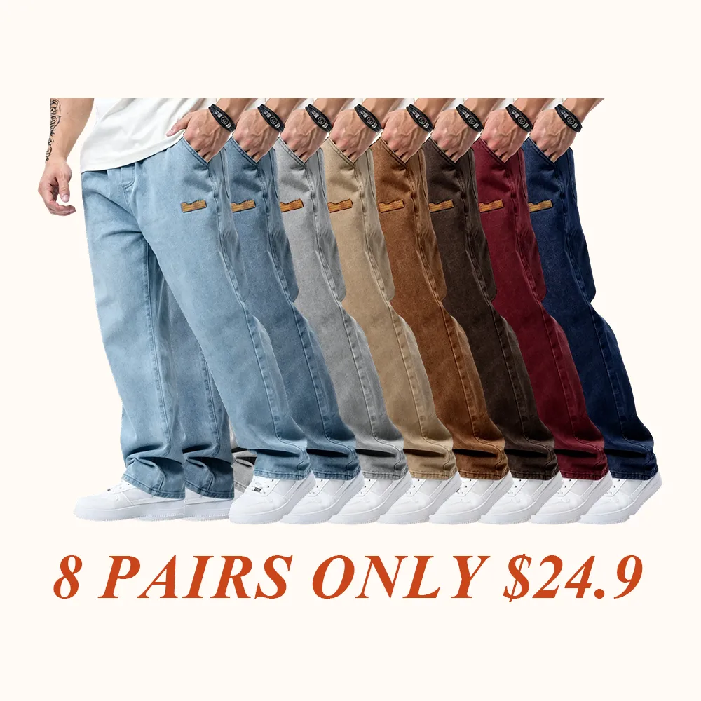 Men's Drawstring Elastic Waist Jeans, Washed Vintage Straight Leg Plain Denim Jeans