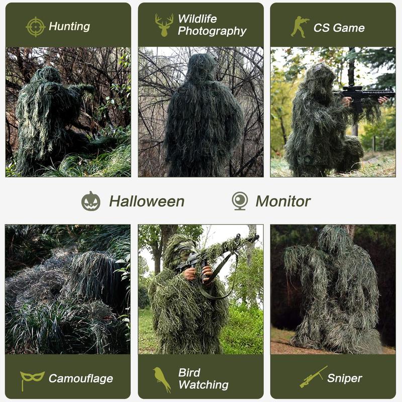 5 in 1 Ghillie Suit, 3D Camouflage Hunting Apparel Including Jacket, Pants, Hood, Carry Bag Suitable for Unisex Adults/Youth (S/M/L)